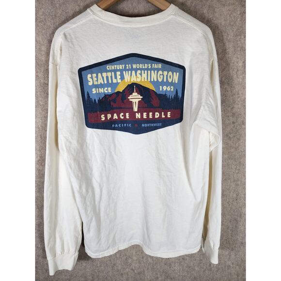 SPACE NEEDLE Off White Cream SEATTLE WASHINGTON Long Sleeve T-Shirt SZ L - Picture 2 of 9